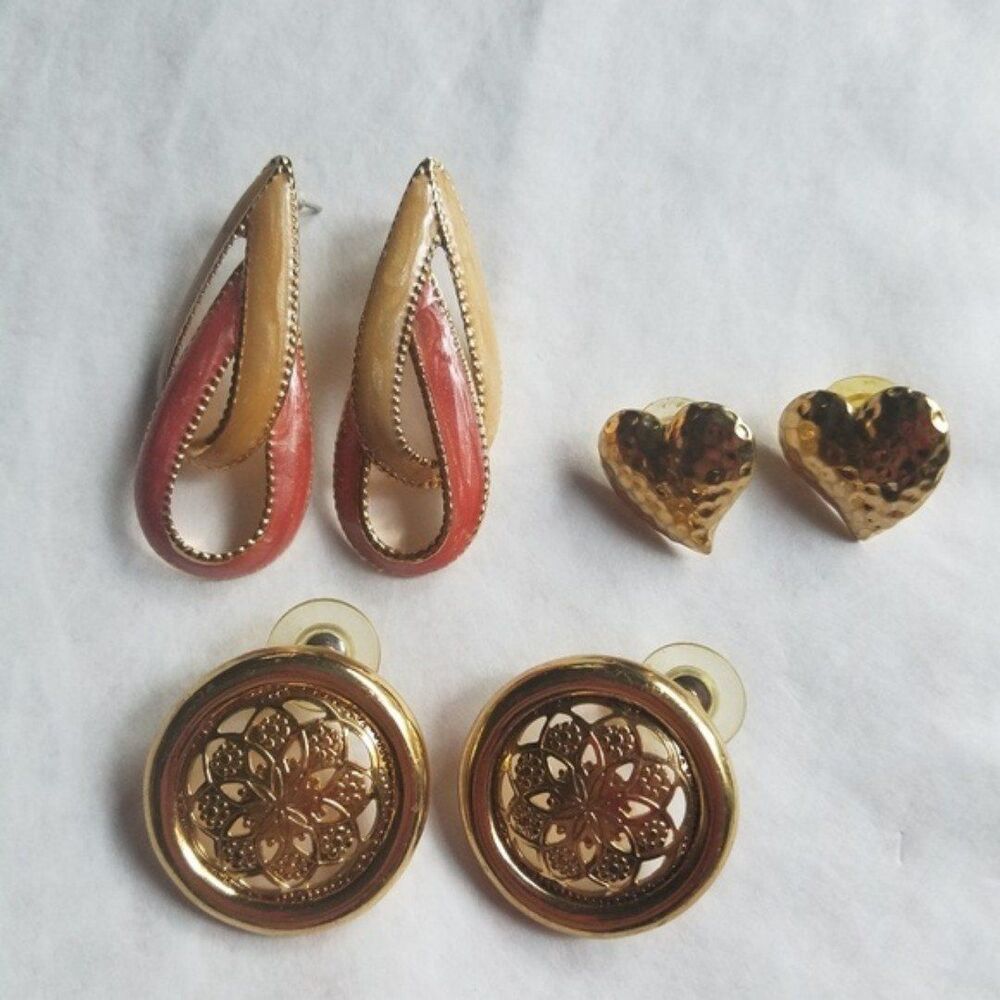 3 pair Vintage Gold Tone Pierced Earrings